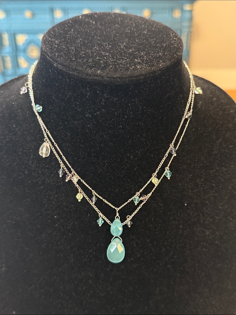 Vintage Silver Tone Blue Beaded Double Layered Pendant Statement Necklace